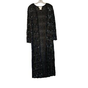 Adrianna Papell Womens Black Sequin Embellished Evening Duster Jacket Coat Med